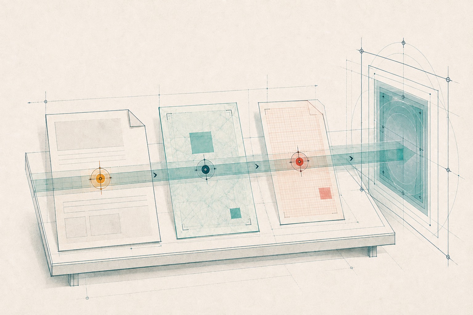 External documents arranged for inspection before entering an AI workspace.