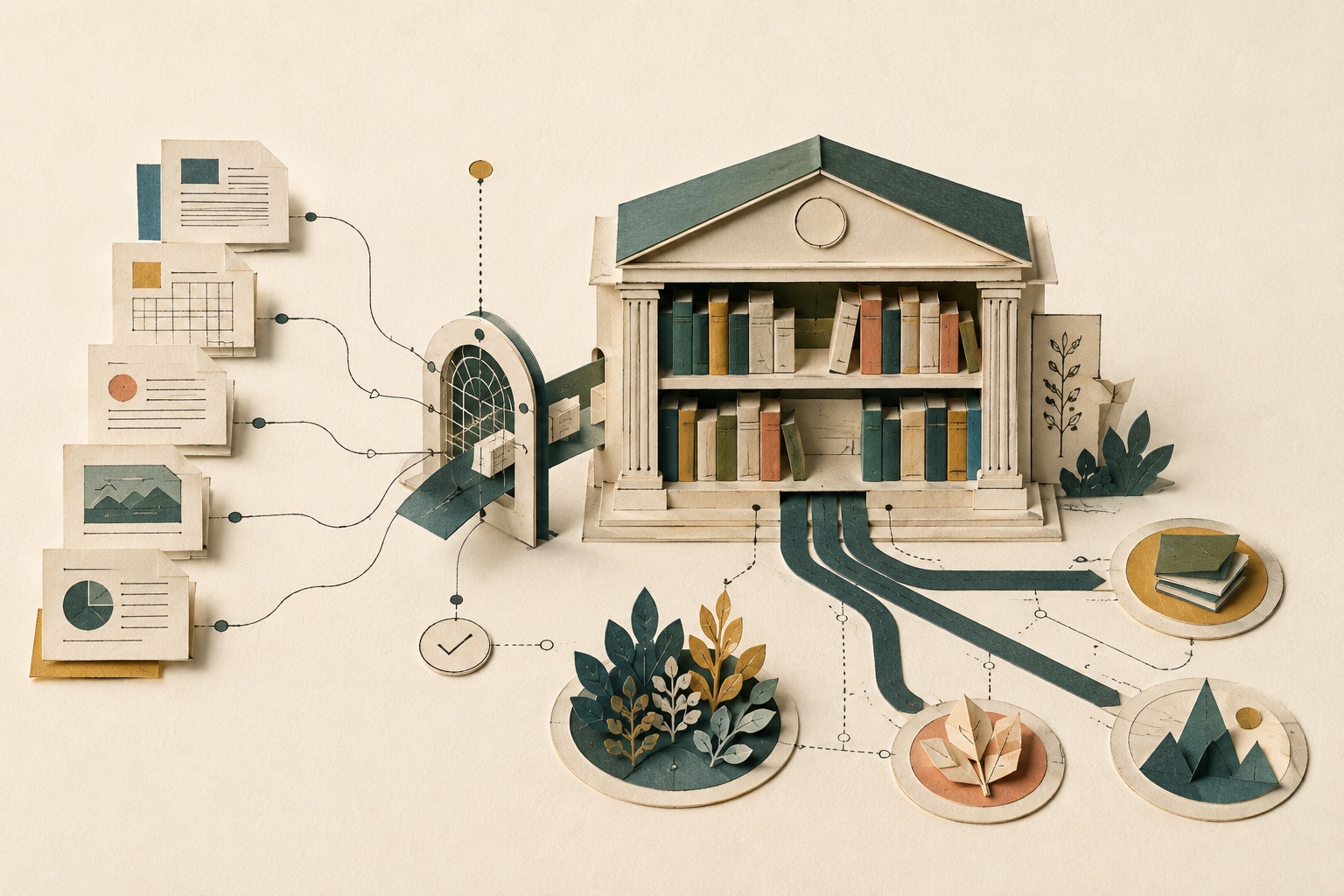 Governed source documents connect through controlled layers to an internal AI knowledge system.